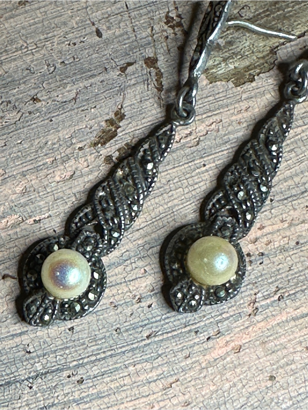 Vintage Marcasite Sterling Silver Dangle Post Earrings with Pearls